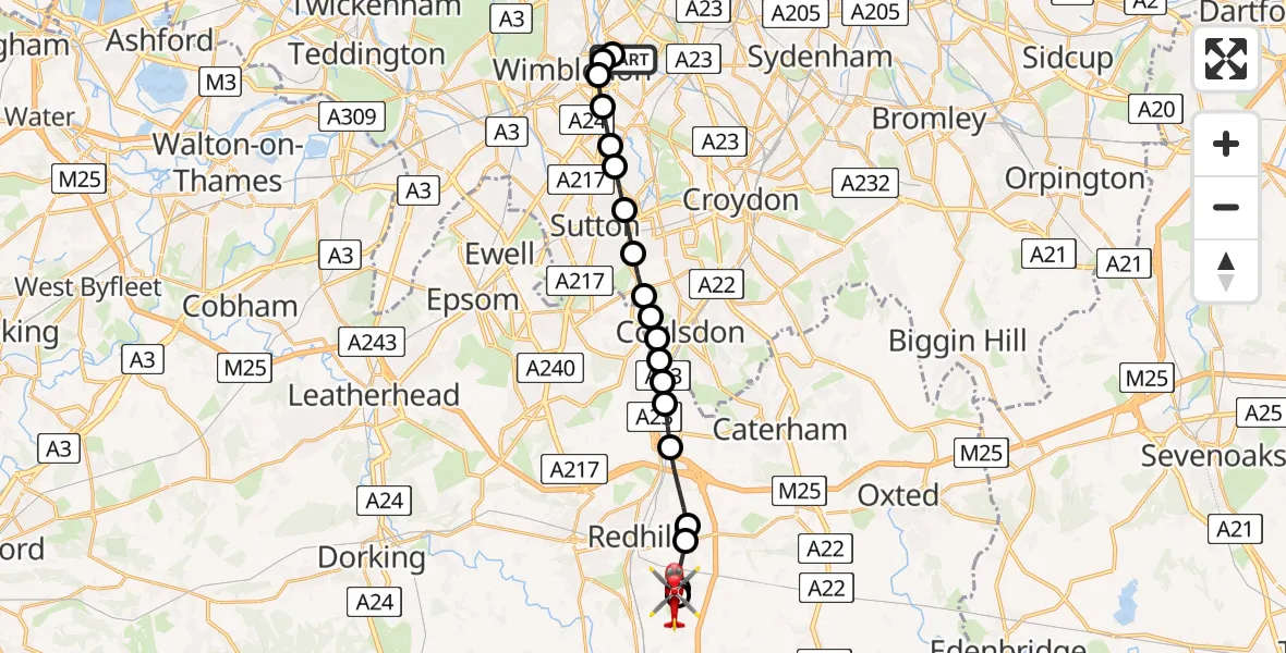 Flight route Air Ambulance Helicopter St Georges Hospital - Redhill Aerodrome, 24 May 2026, 10:27