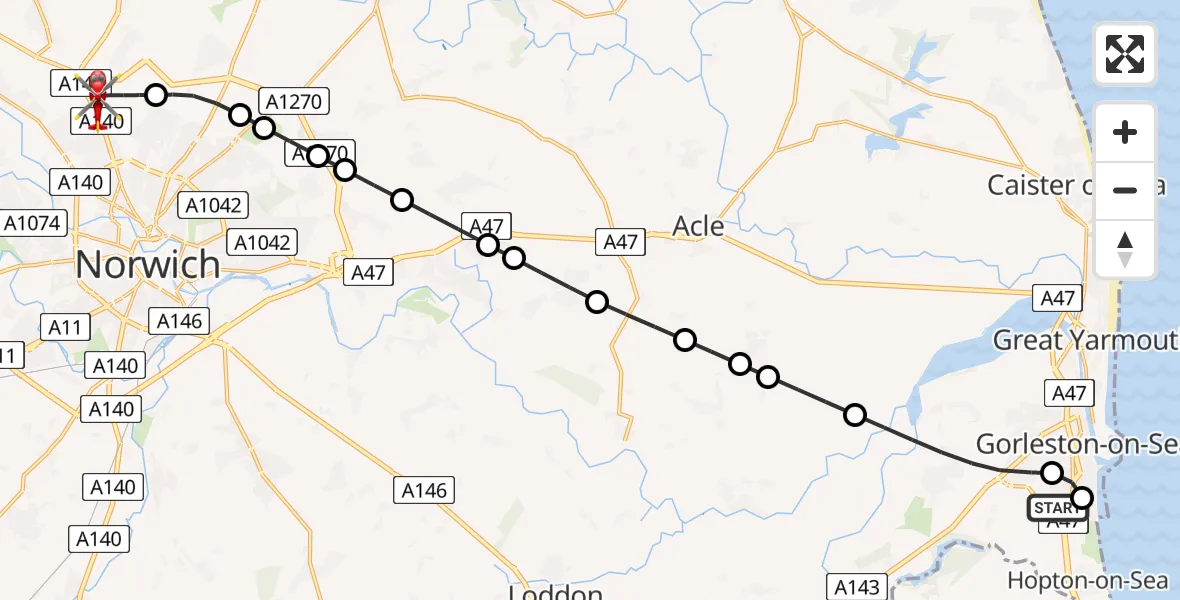 Flight route Air Ambulance Helicopter James Paget Hospital - Norwich Airport, 24 May 2026, 10:27