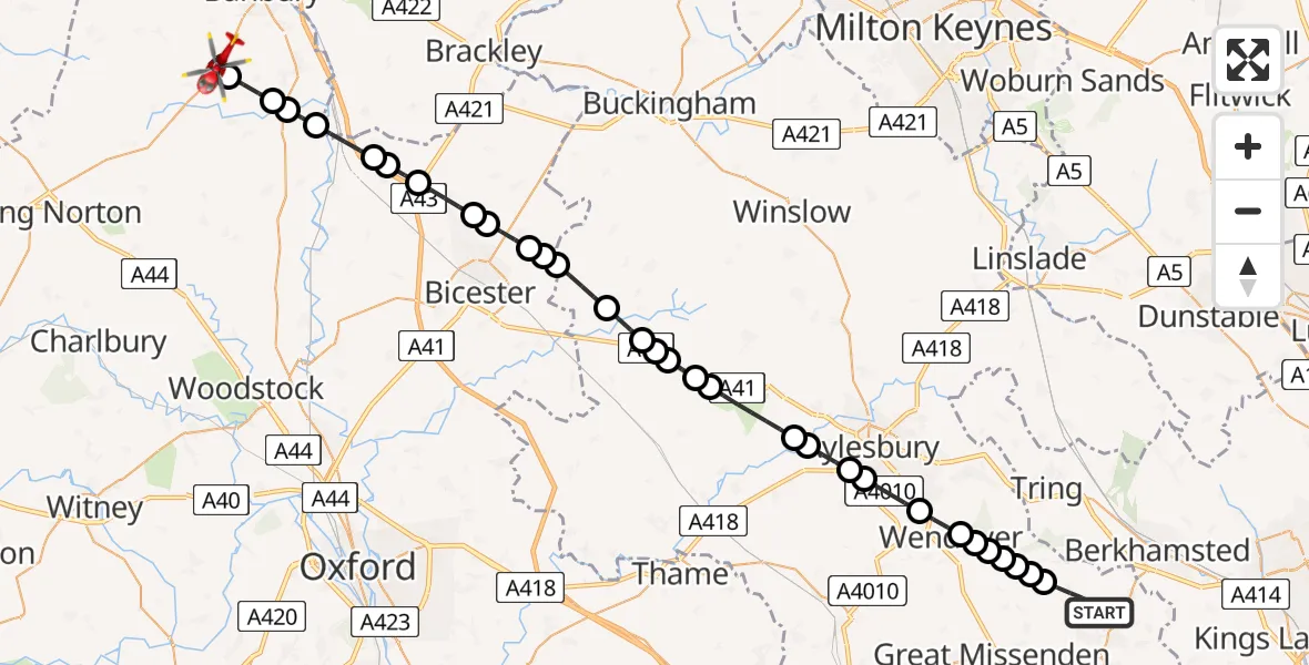 Flight route Air Ambulance Helicopter Bellingdon - Bloxham, 24 May 2026, 10:31