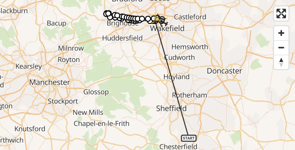 Flight route Police Helicopter Staveley - East Ardsley, 24 May 2026, 10:32