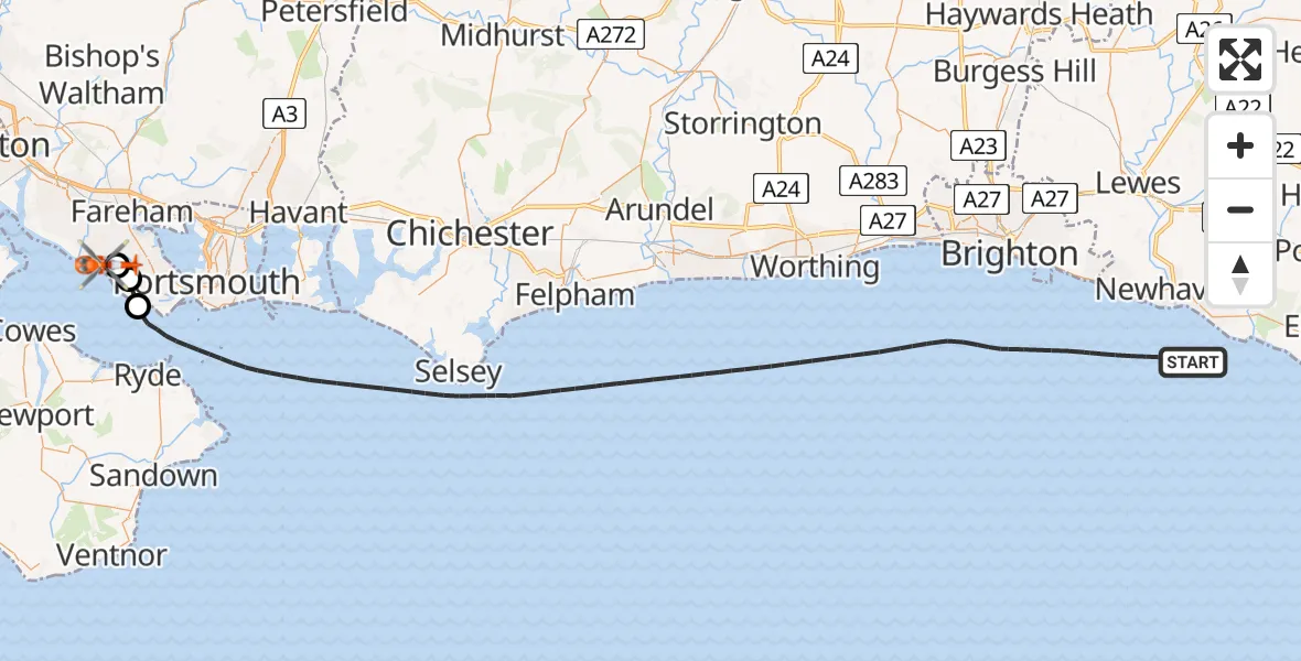 Flight route Coastguard Helicopter English Channel - Solent Airport, 24 May 2026, 10:34