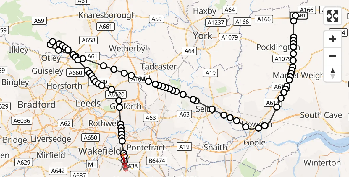 Flight route Air Ambulance Helicopter Thixendale - YAA Nostell Helicopter Port, 24 May 2026, 10:36