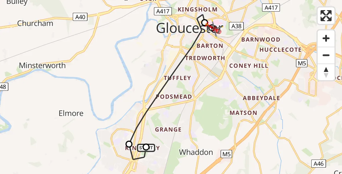 Flight route Air Ambulance Helicopter Gloucester - Gloucester, 24 May 2026, 10:40