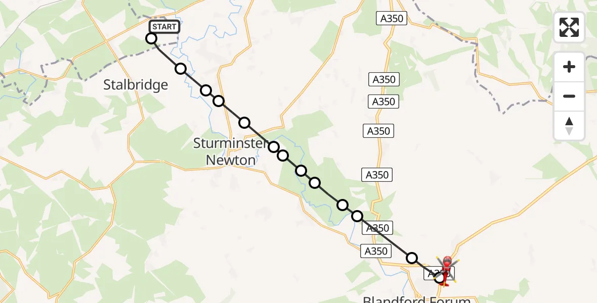 Flight route Air Ambulance Helicopter Henstridge Airfield - Blandford Camp, 24 May 2026, 10:41