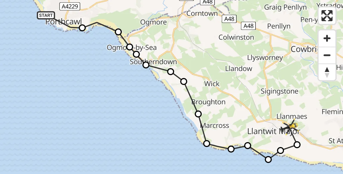 Flight route Police Helicopter Porthcawl - Boverton, 24 May 2026, 10:44