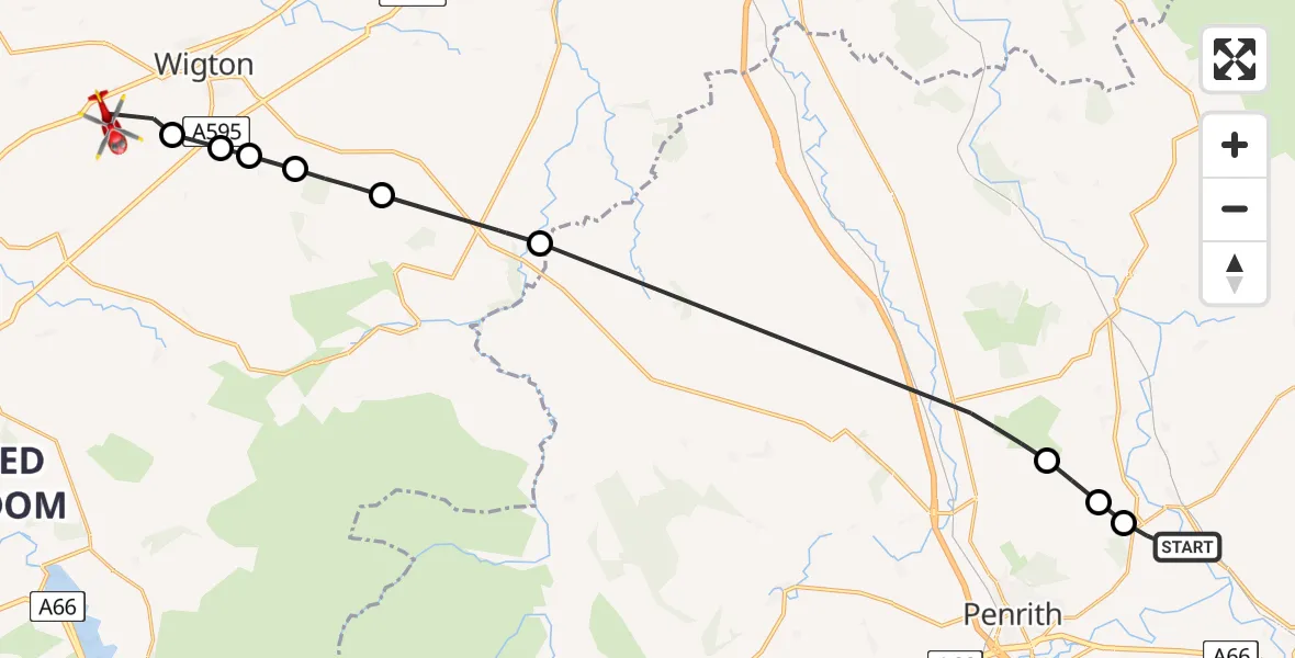 Flight route Air Ambulance Helicopter Edenhall - Waverton, 24 May 2026, 10:44