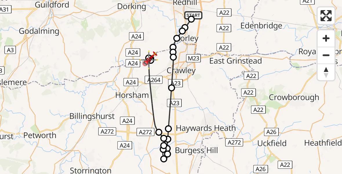 Flight route Air Ambulance Helicopter Redhill Aerodrome - Mole Valley, 24 May 2026, 10:51