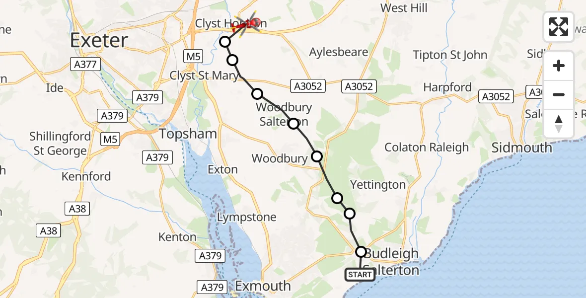 Flight route Air Ambulance Helicopter Budleigh Salterton - Exeter International Airport, 24 May 2026, 11:05