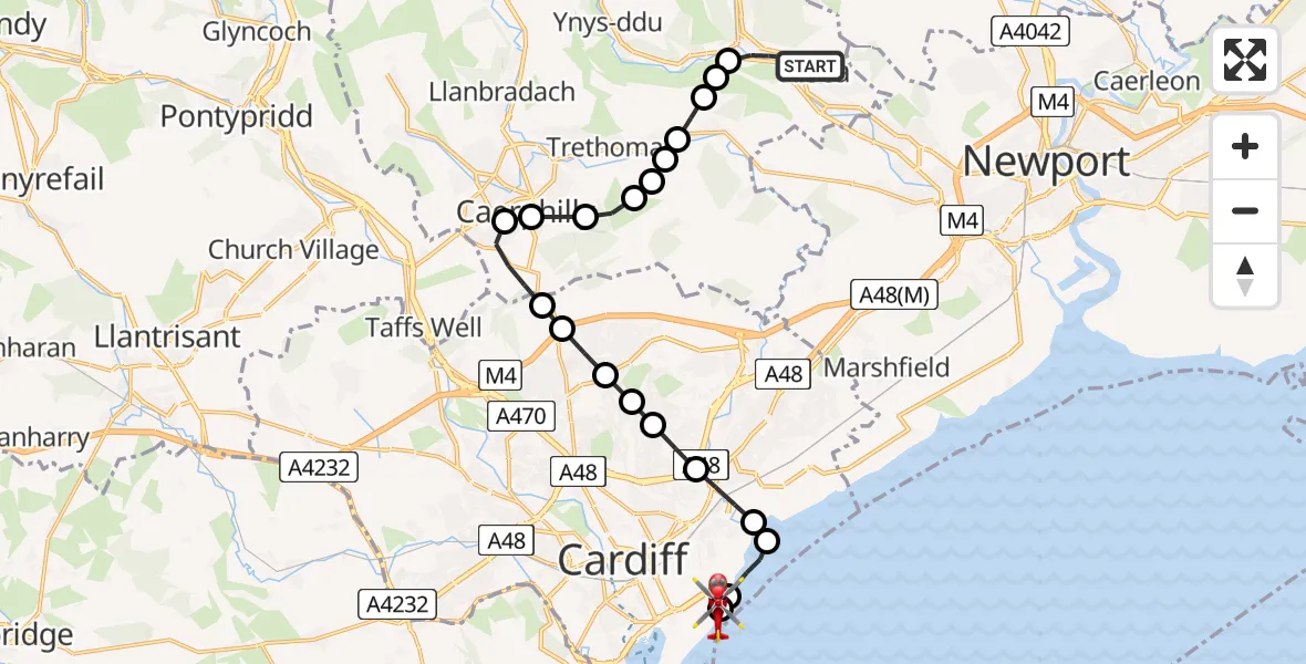 Flight route Air Ambulance Helicopter Risca - Cardiff Heliport, 24 May 2026, 11:08