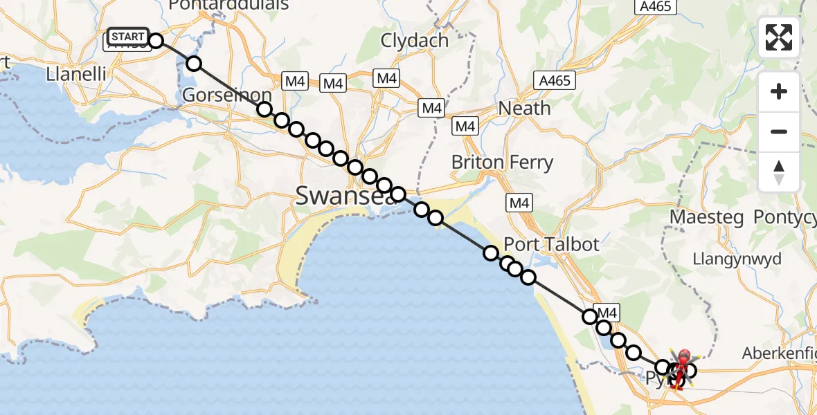 Flight route Air Ambulance Helicopter Dafen - Kenfig Hill, 24 May 2026, 11:10