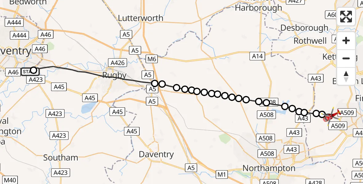 Flight route Air Ambulance Helicopter Rugby - Hardwick, 24 May 2026, 11:14