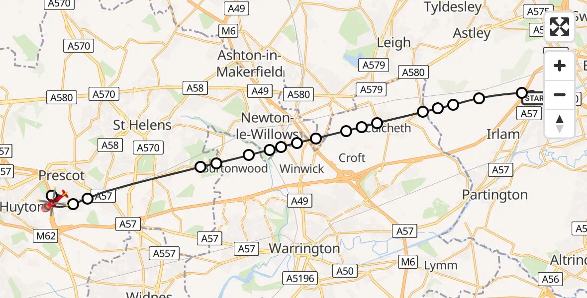 Flight route Air Ambulance Helicopter Manchester Barton Aerodrome - Prescot, 24 May 2026, 11:15