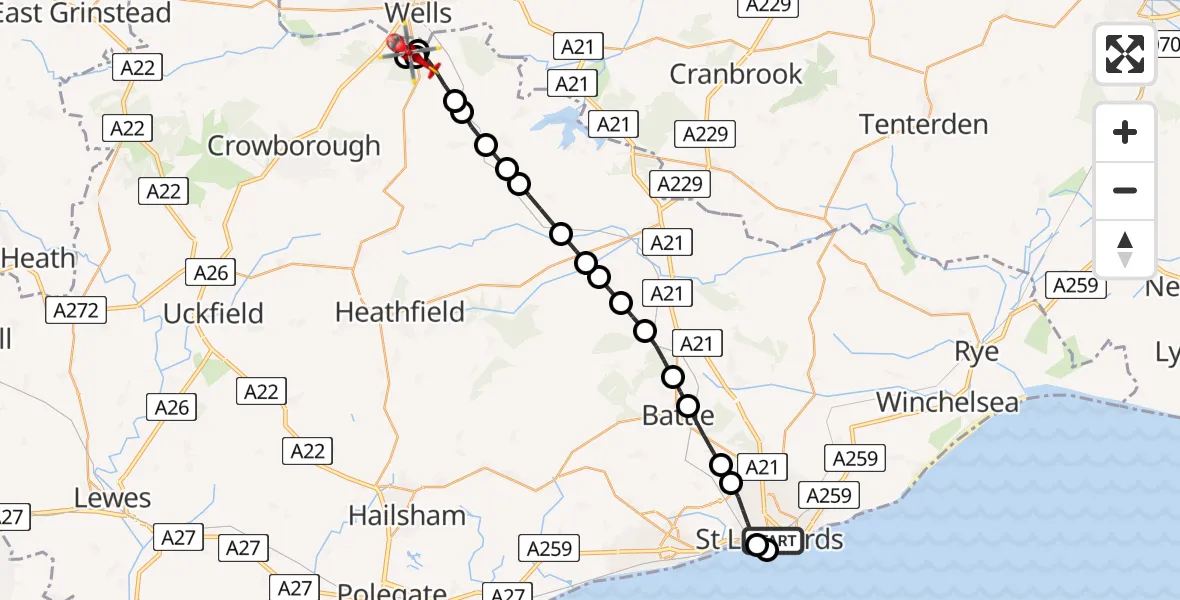 Flight route Air Ambulance Helicopter St Leonards - Wealden, 24 May 2026, 11:20