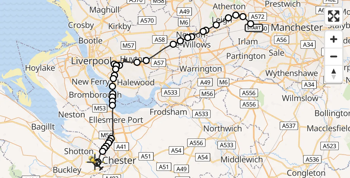 Flight route Police Helicopter Irlam - Hawarden Airport, 24 May 2026, 11:24