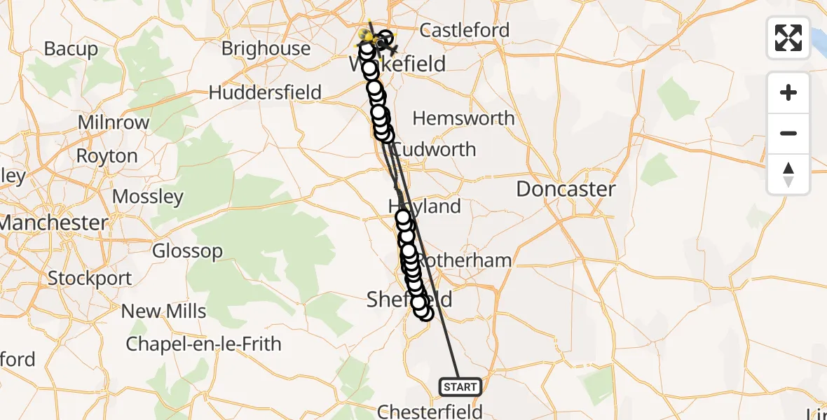 Flight route Police Helicopter Staveley - East Ardsley, 24 May 2026, 11:24