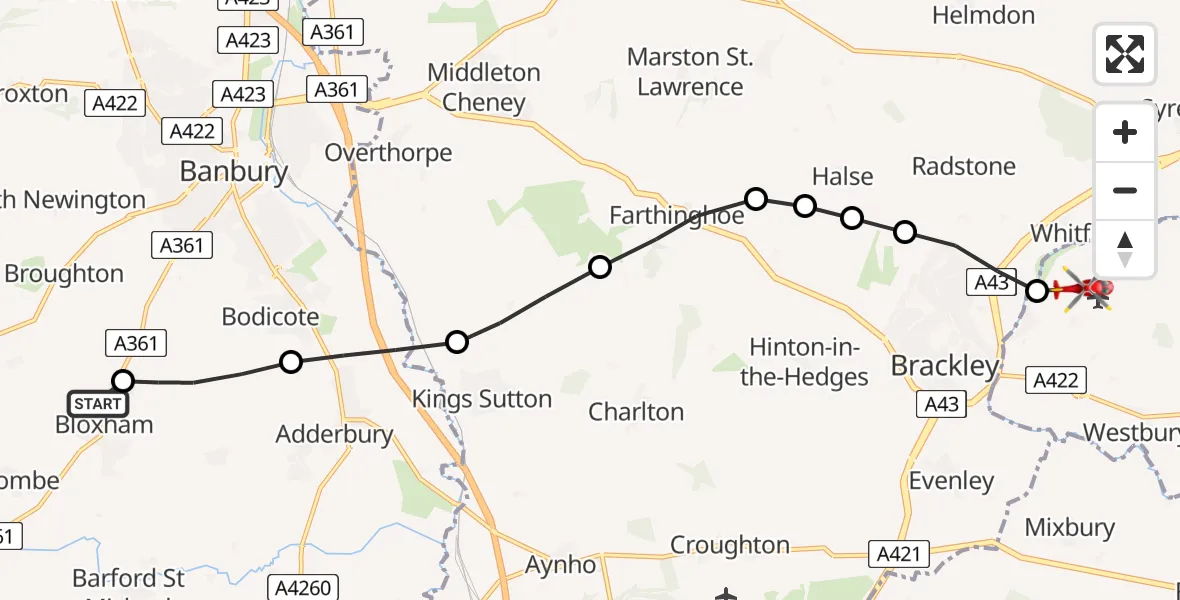 Flight route Air Ambulance Helicopter Bloxham - Turweston Aerodrome, 24 May 2026, 11:28