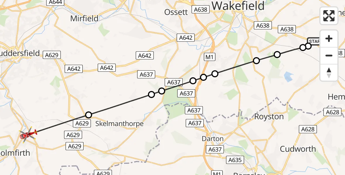 Flight route Air Ambulance Helicopter YAA Nostell Helicopter Port - Kirkburton, 24 May 2026, 11:31