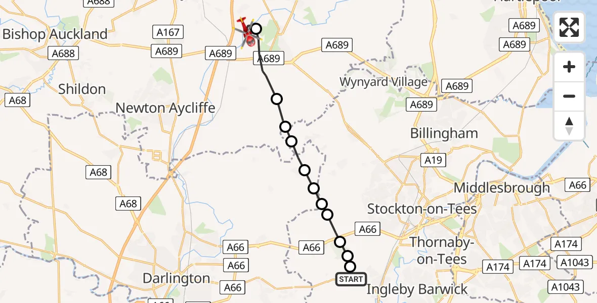 Flight route Air Ambulance Helicopter Egglescliffe - Bishop Middleham, 24 May 2026, 11:32