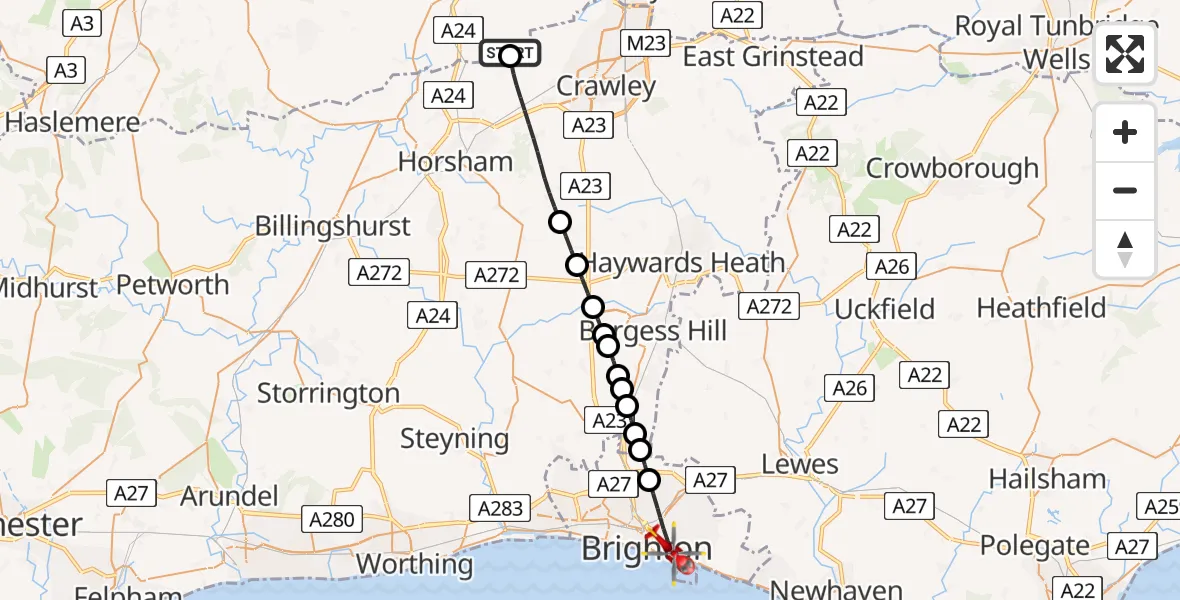 Flight route Air Ambulance Helicopter Mole Valley - Brighton, 24 May 2026, 11:45