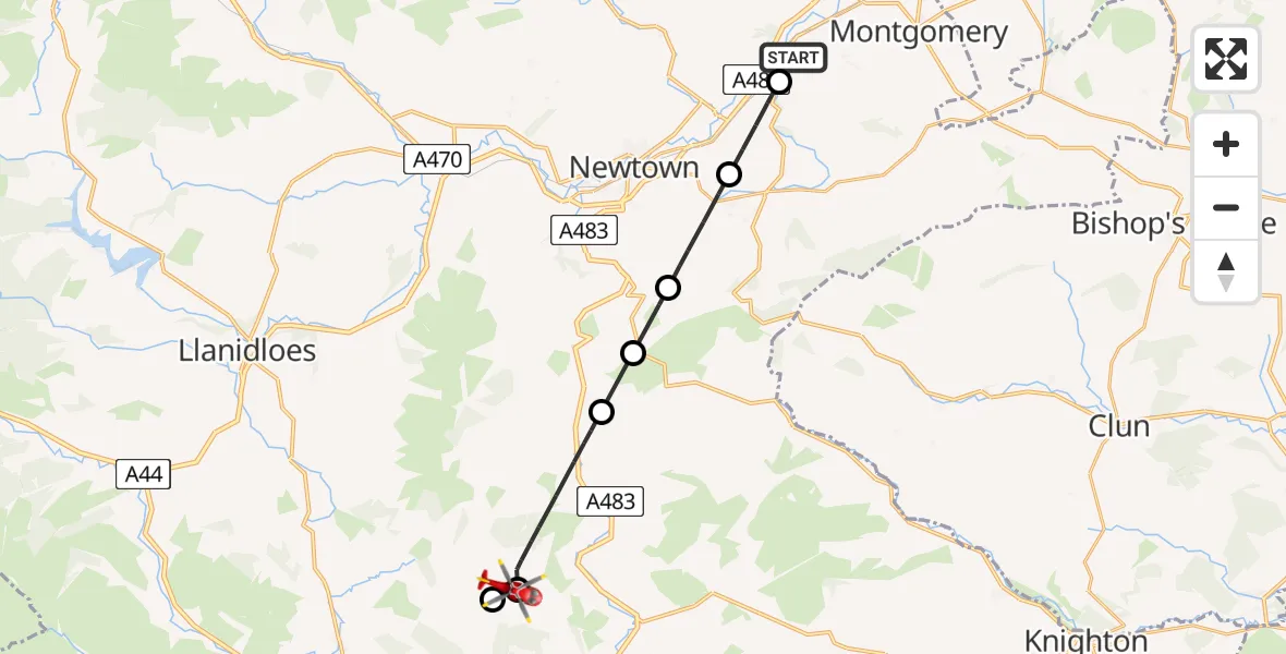 Flight route Air Ambulance Helicopter Fron - Llanbadarn Fynydd, 24 May 2026, 11:45