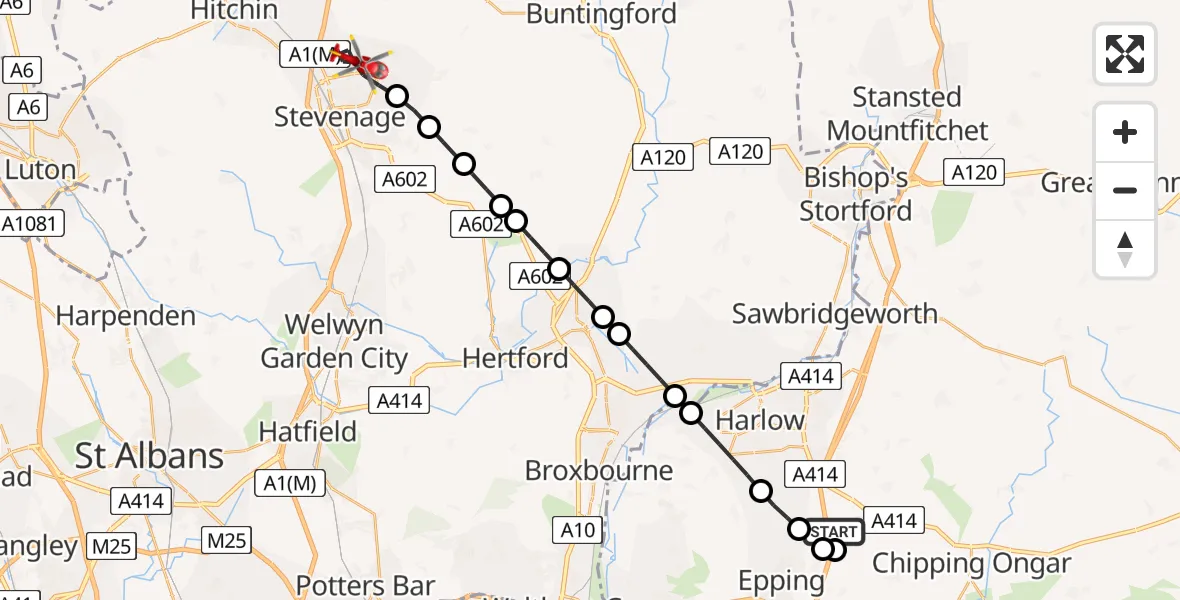 Flight route Air Ambulance Helicopter North Weald Airfield - Stevenage, 24 May 2026, 11:47