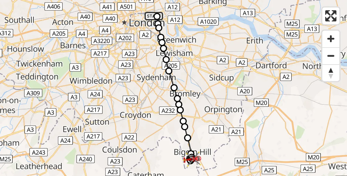 Flight route Air Ambulance Helicopter Royal London Hospital - Tatsfield, 24 May 2026, 11:54