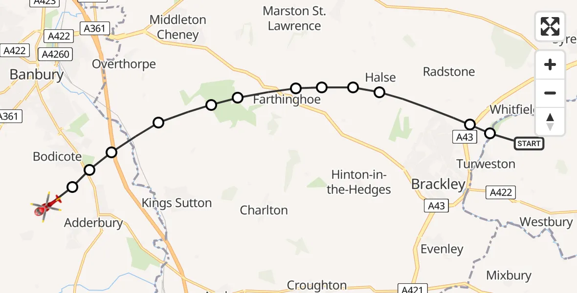 Flight route Air Ambulance Helicopter Turweston Aerodrome - Bodicote, 24 May 2026, 11:59