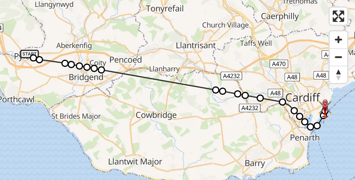 Flight route Air Ambulance Helicopter Kenfig Hill - Cardiff Heliport, 24 May 2026, 12:04