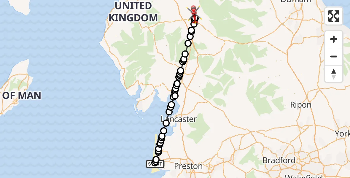 Flight route Air Ambulance Helicopter Blackpool Airport - Skirwith, 24 May 2026, 12:16