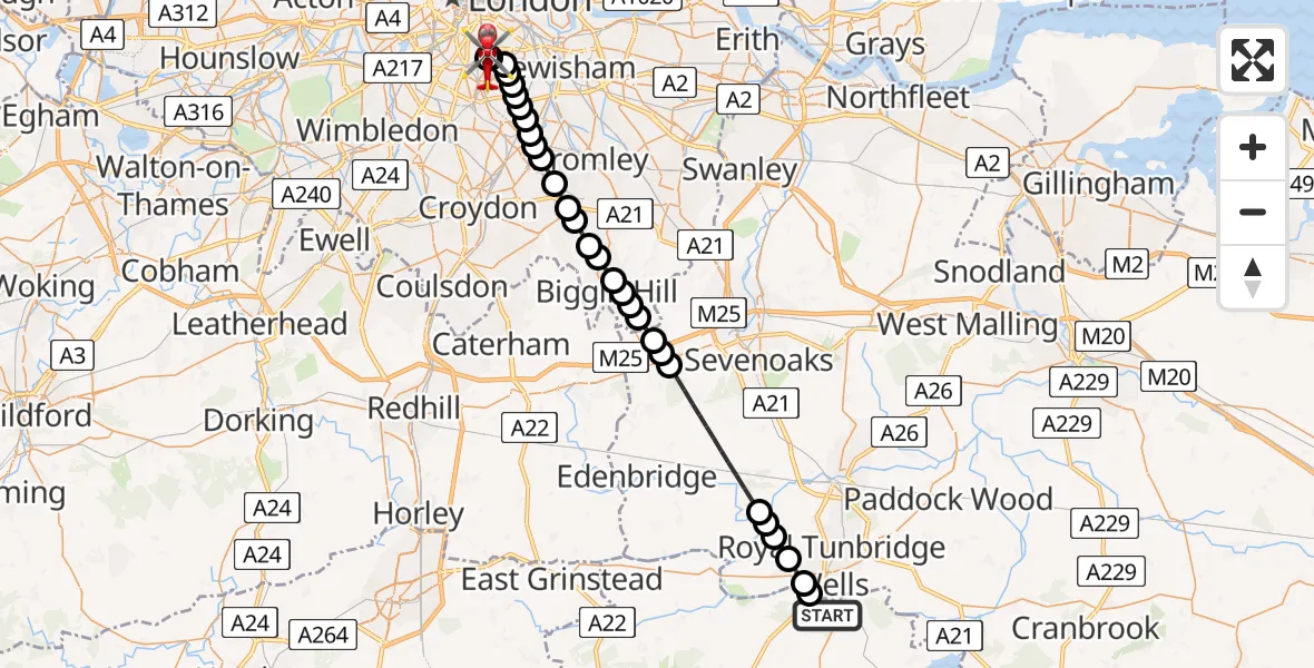 Flight route Air Ambulance Helicopter Frant - Kings College London Hospital, 24 May 2026, 12:18