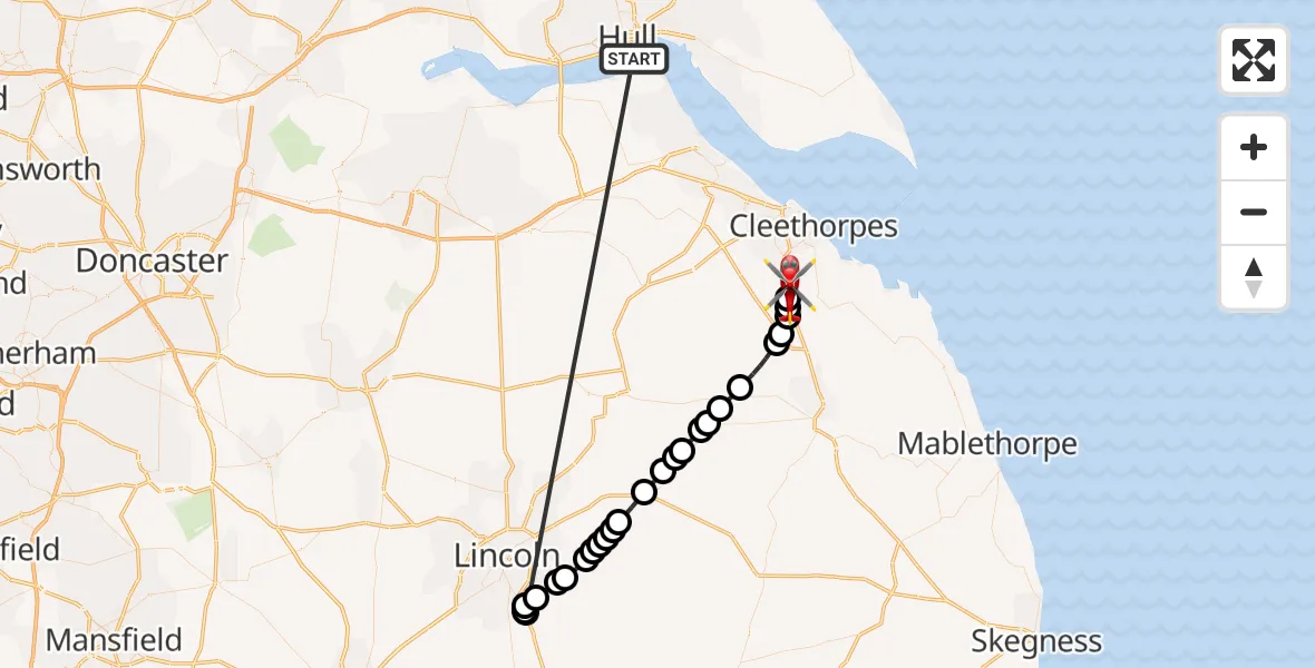 Flight route Air Ambulance Helicopter North Sea - North Thoresby, 24 May 2026, 12:19