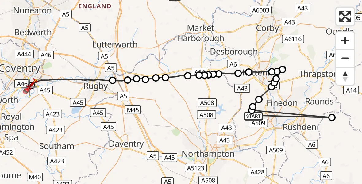 Flight route Air Ambulance Helicopter Wellingborough - Coventry Airport, 24 May 2026, 12:28