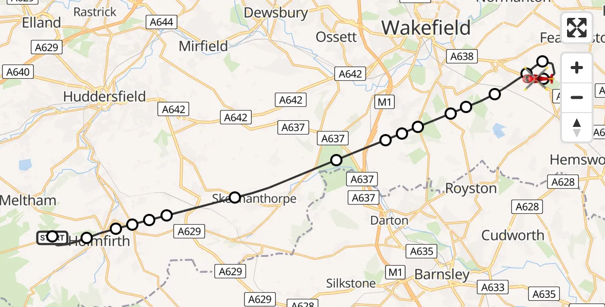 Flight route Air Ambulance Helicopter Upperthong - YAA Nostell Helicopter Port, 24 May 2026, 12:29