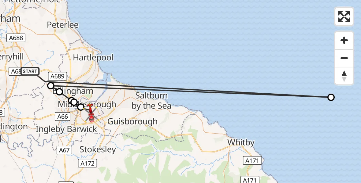 Flight route Air Ambulance Helicopter Sedgefield - Middlesbrough, 24 May 2026, 12:31