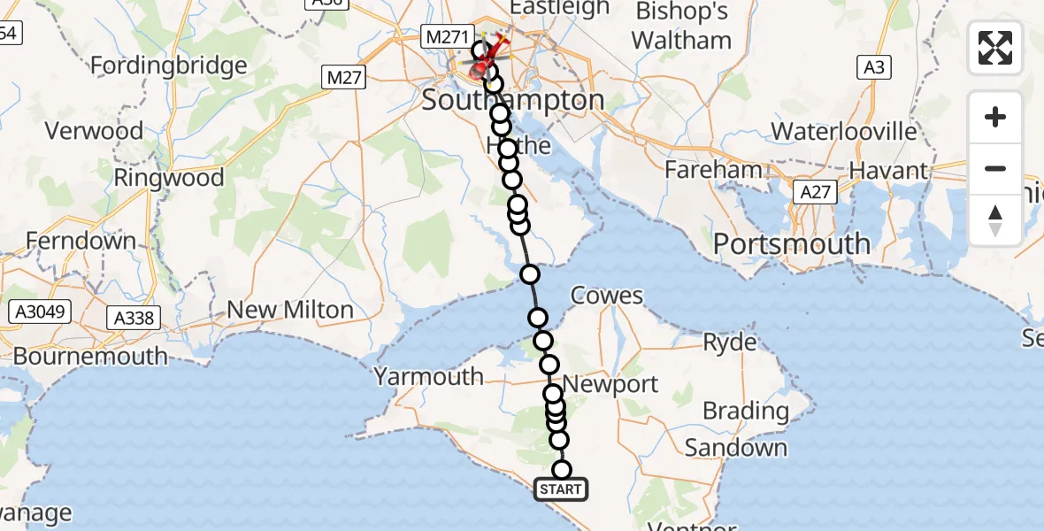 Flight route Air Ambulance Helicopter Shorwell - Hollybrook, 24 May 2026, 12:39