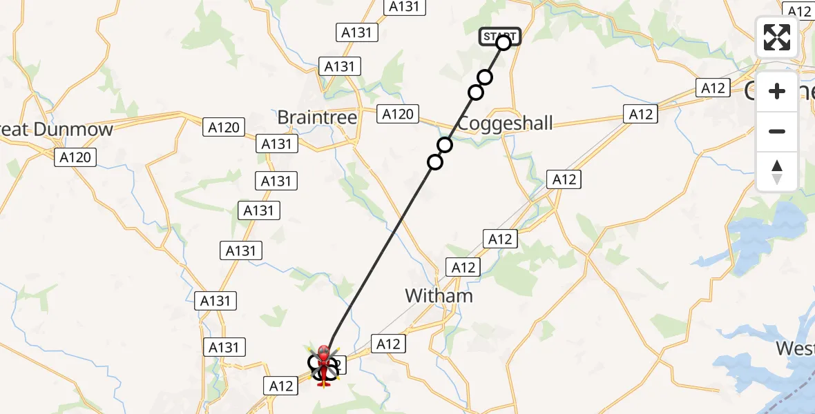 Flight route Air Ambulance Helicopter Earls Colne Airfield - Boreham, 24 May 2026, 12:46