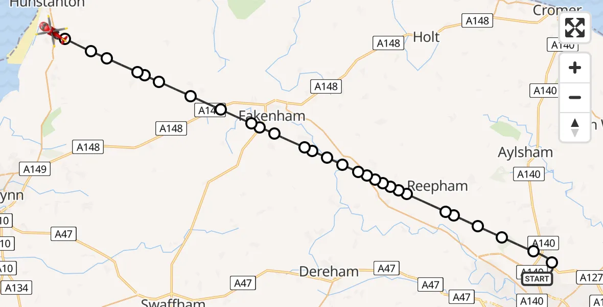 Flight route Air Ambulance Helicopter Norwich Airport - Heacham, 24 May 2026, 12:47