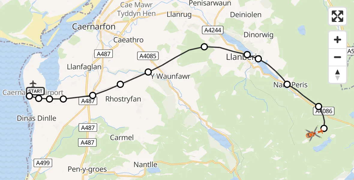 Flight route Coastguard Helicopter Caernarfon Airport - Beddgelert, 24 May 2026, 12:49