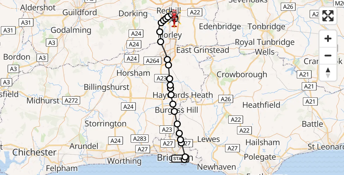 Flight route Air Ambulance Helicopter Brighton - Redhill Aerodrome, 24 May 2026, 12:56