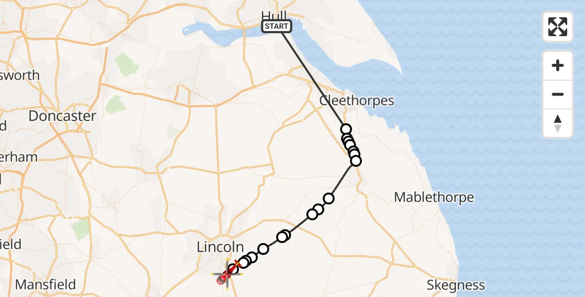 Flight route Air Ambulance Helicopter North Sea - North Kesteven, 24 May 2026, 13:01