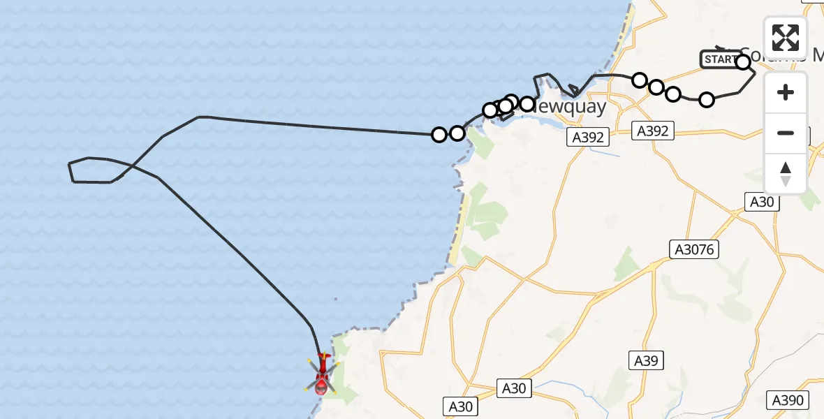 Flight route Air Ambulance Helicopter Cornwall Airport Newquay - Porthtowan, 24 May 2026, 13:06