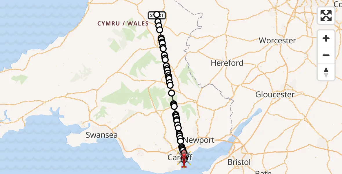 Flight route Air Ambulance Helicopter Bwlch-y-Sarnau - Cardiff Heliport, 24 May 2026, 13:11