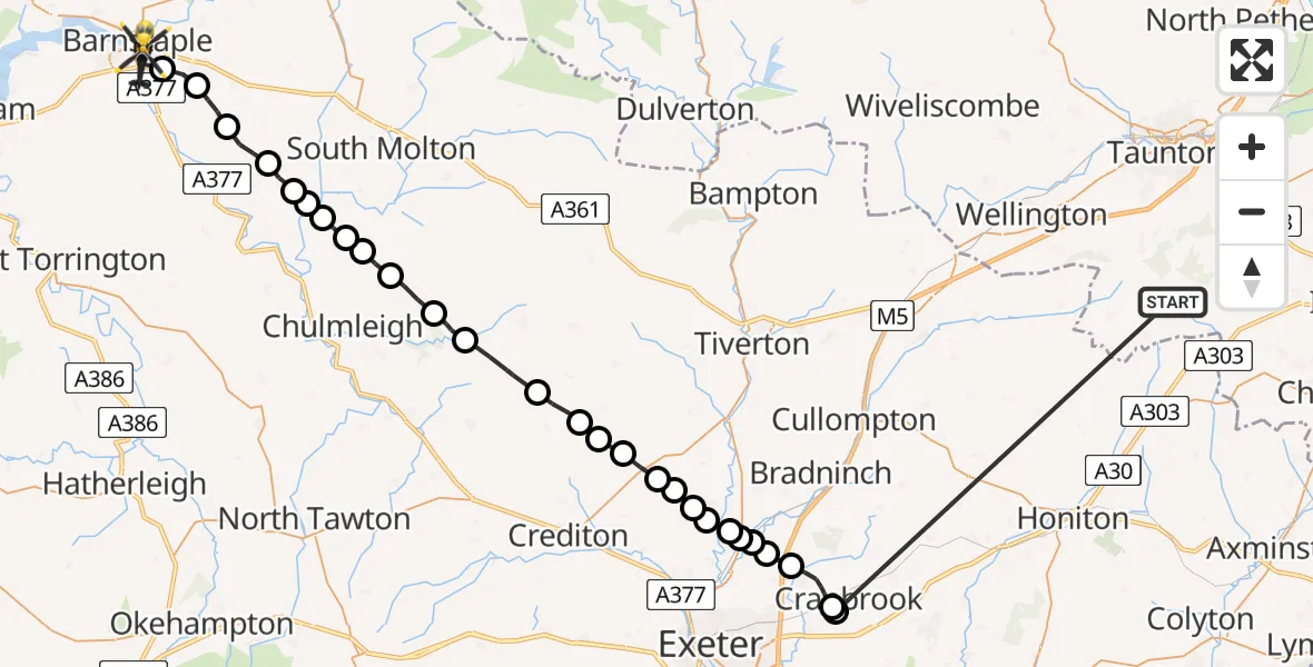 Flight route Police Helicopter Fyfett - Barnstaple, 24 May 2026, 13:21