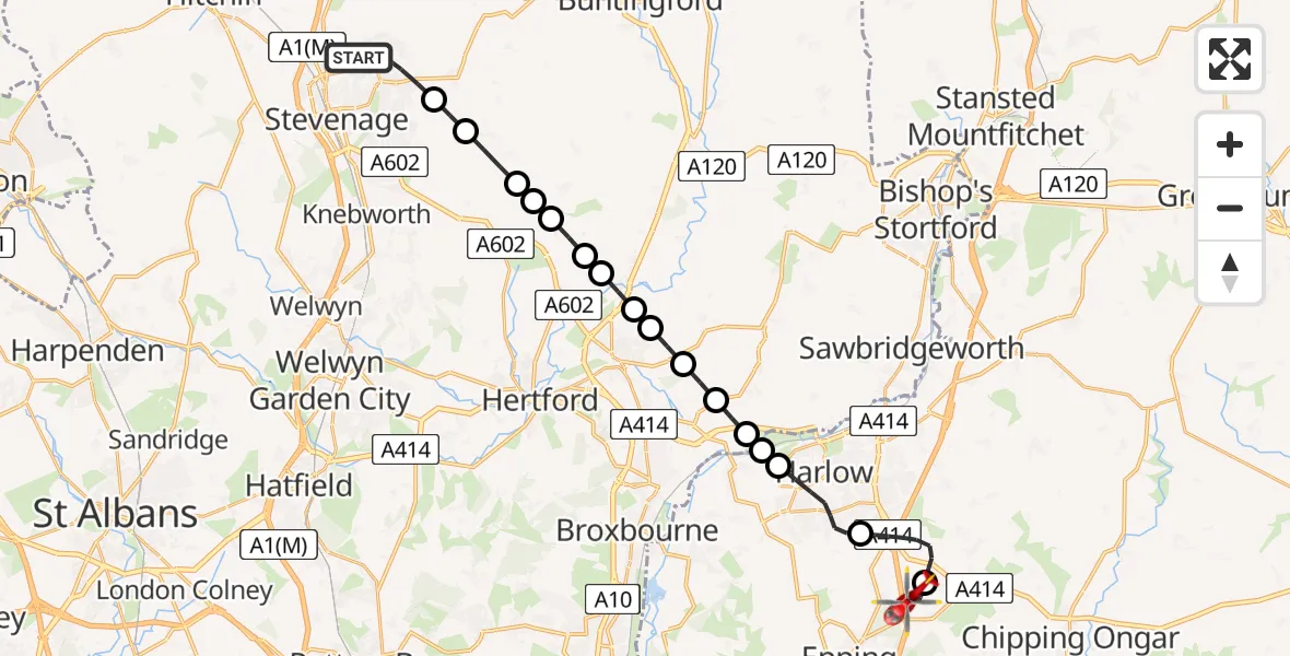 Flight route Air Ambulance Helicopter Stevenage - North Weald Airfield, 24 May 2026, 13:21
