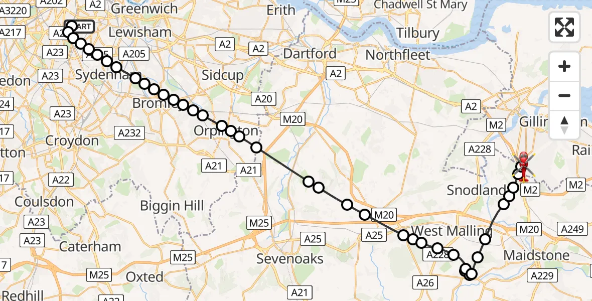 Flight route Air Ambulance Helicopter Kings College London Hospital - Rochester Airport, 24 May 2026, 13:27