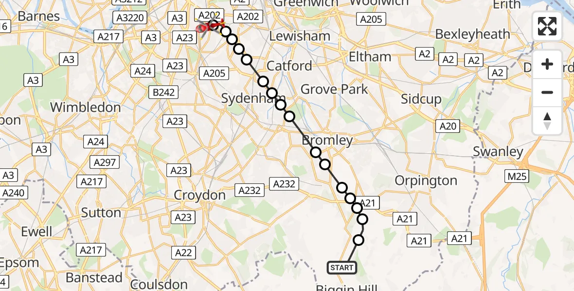 Flight route Air Ambulance Helicopter London Biggin Hill Airport - Kings College London Hospital, 24 May 2026, 13:31