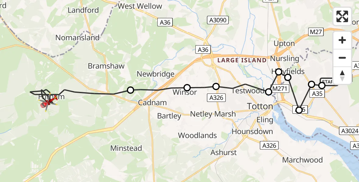 Flight route Air Ambulance Helicopter University Hospital Southampton - Bramshaw, 24 May 2026, 13:31
