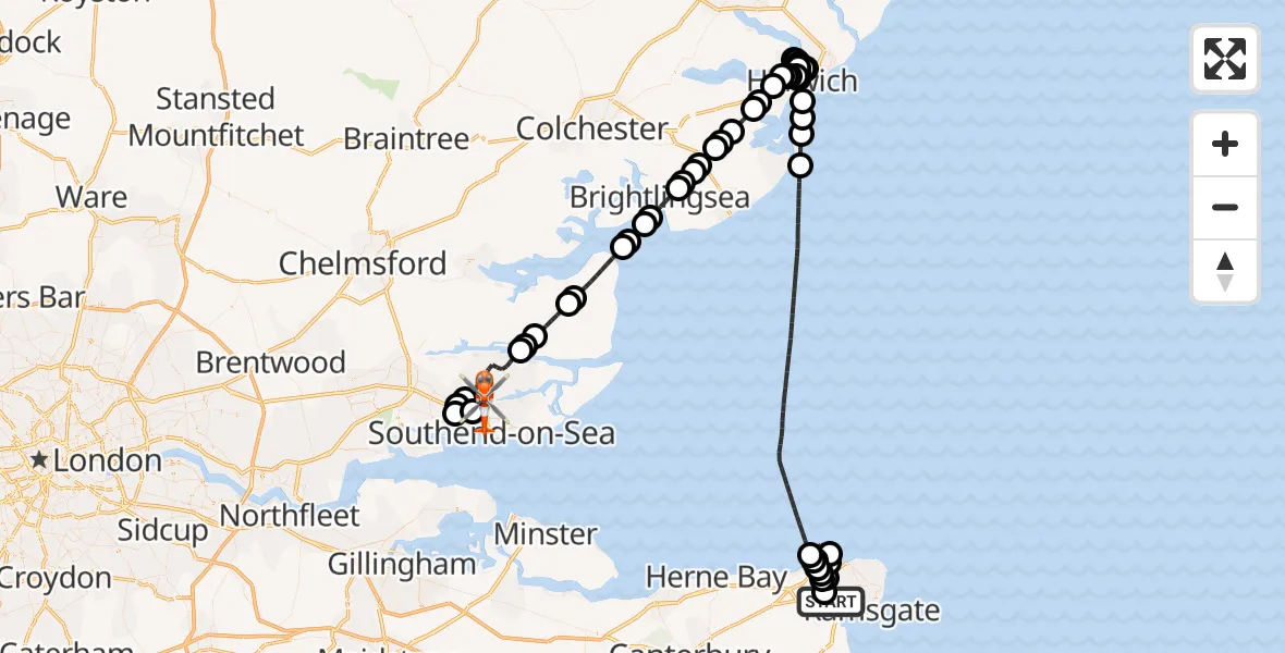 Flight route Coastguard Helicopter Manston Airport - London Southend Airport, 24 May 2026, 13:33