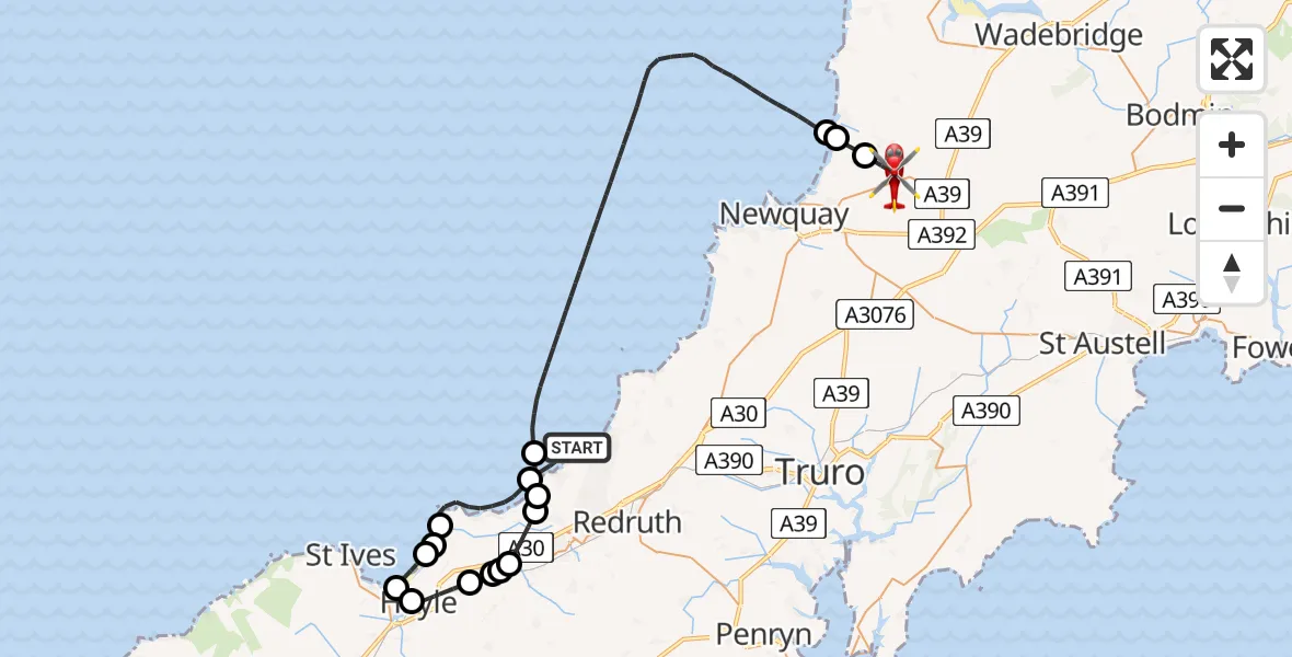 Flight route Air Ambulance Helicopter Portreath - Cornwall Airport Newquay, 24 May 2026, 13:35