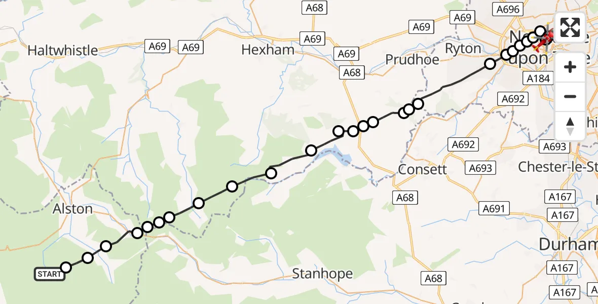 Flight route Air Ambulance Helicopter Ousby - Newcastle Royal Victoria Infirmary, 24 May 2026, 13:35